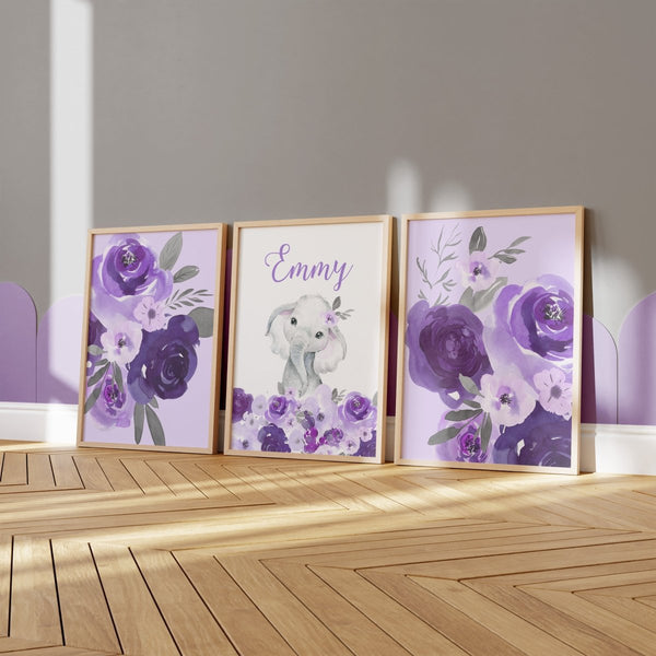 Purple Floral Elephant Personalized Nursery Art - Wall Art