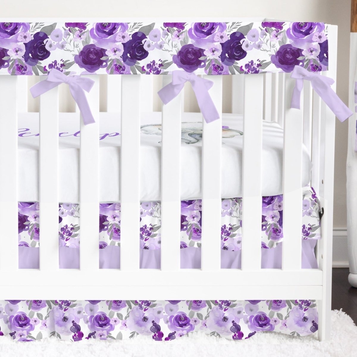 Purple Floral Elephant Personalized Ruffled Crib Bedding - gender_girl, Purple Floral Elephant, text