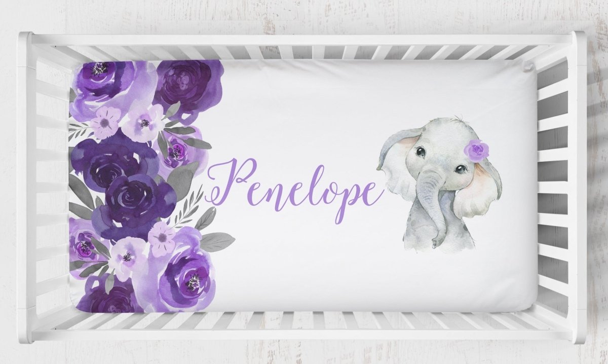 Purple Floral Elephant Personalized Ruffled Crib Bedding - gender_girl, Purple Floral Elephant, text