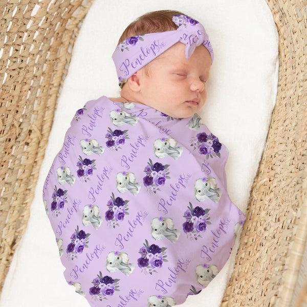 Purple Floral Elephant Personalized Swaddle Blanket Set - gender_girl, Purple Floral Elephant, text