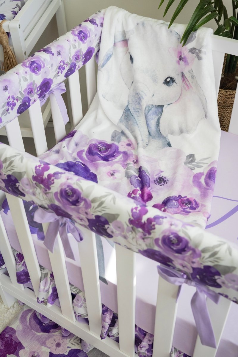 Purple Floral Elephant Ruffled Crib Bedding - gender_girl, Purple Floral Elephant, text