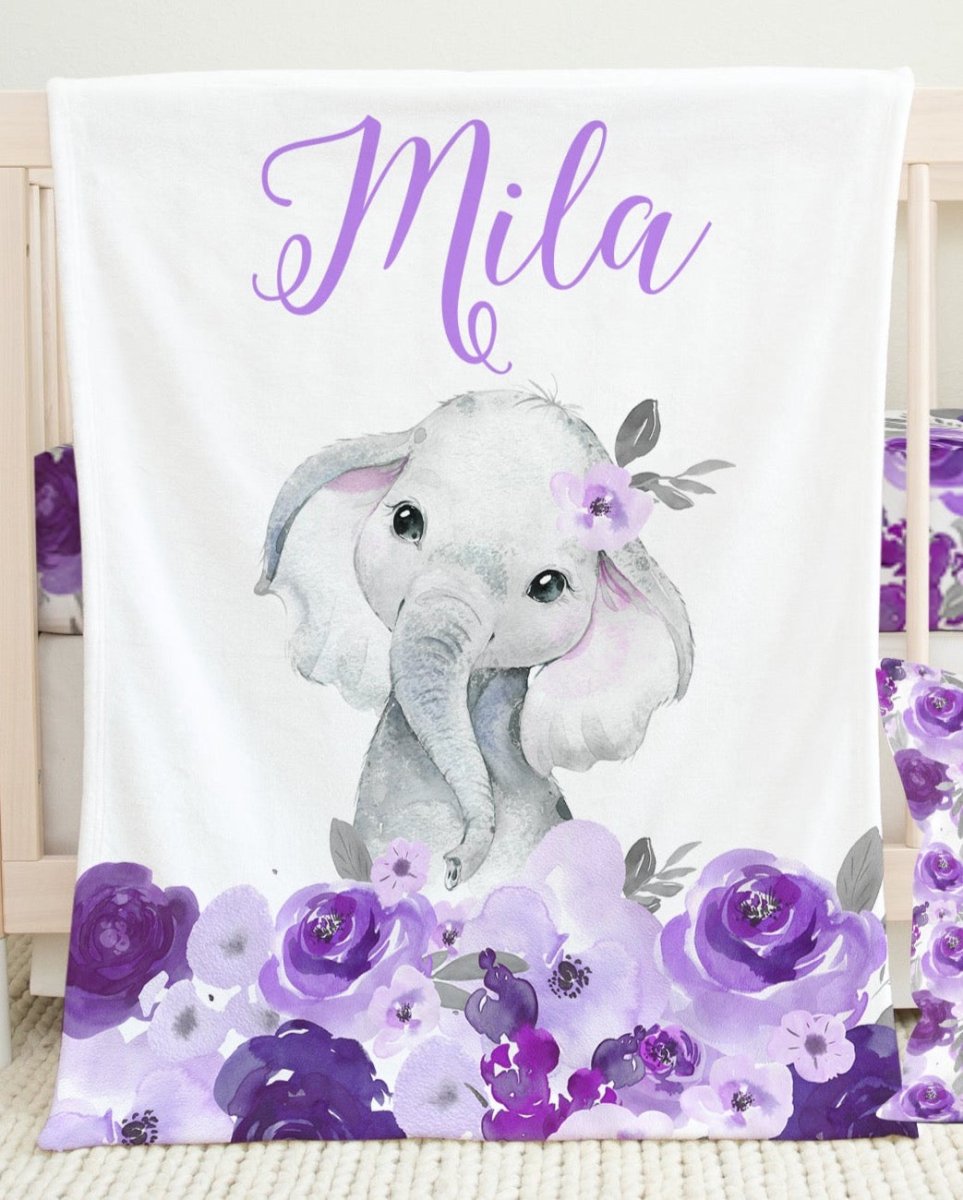 Purple Floral Elephant Ruffled Crib Bedding - gender_girl, Purple Floral Elephant, text