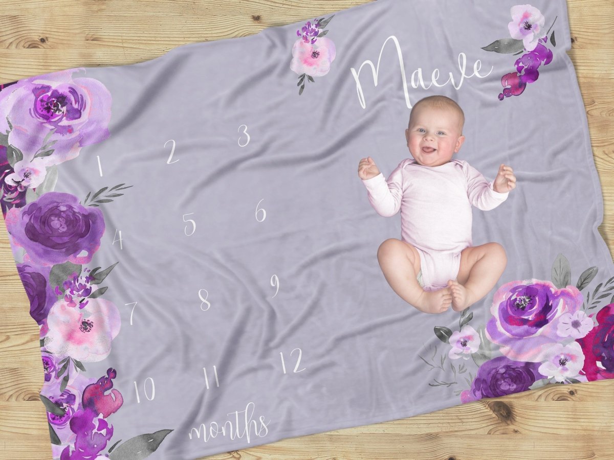 Purple Floral Milestone Blanket - gender_girl, Purple Floral, text