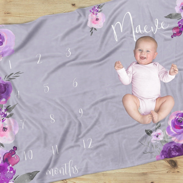 Purple Floral Milestone Blanket - Minky Blanket