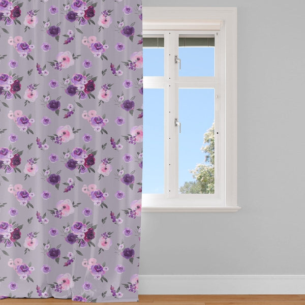 Purple Floral on Gray Curtain Panel