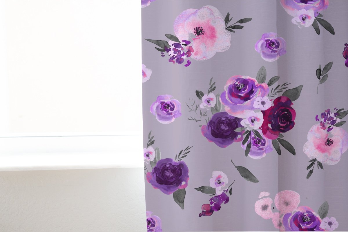 Purple Floral on Gray Curtain Panel - gender_girl, Purple Floral, Theme_Floral