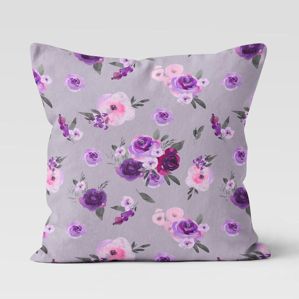 Purple Floral on Gray Nursery Pillow - Throw Pillow
