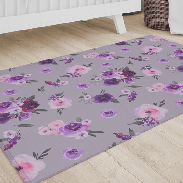 Purple Floral on Gray Nursery Rug - gender_girl, Purple Floral, Theme_Floral