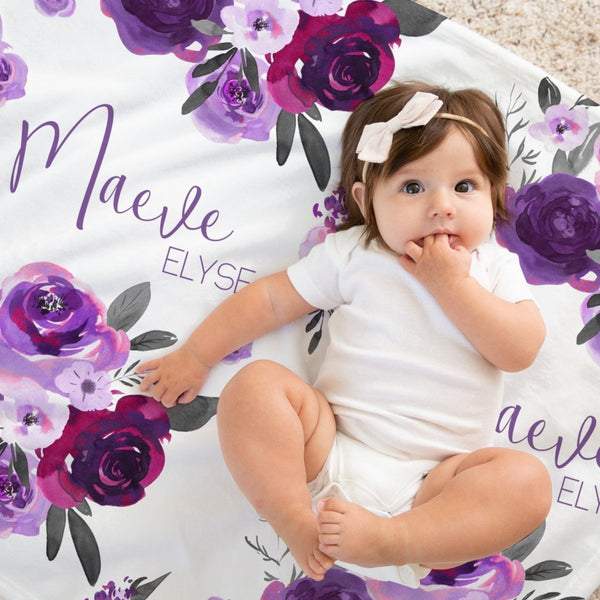 Purple Floral Personalized Baby Blanket - Minky Blanket