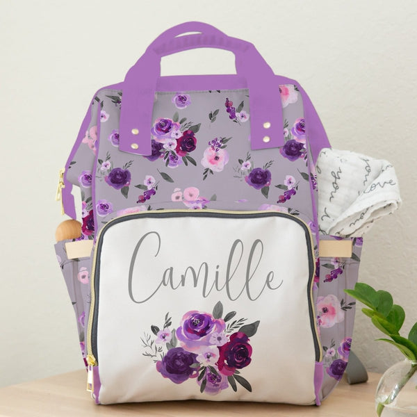 Purple Floral Personalized Backpack Diaper Bag - gender_girl, Purple Floral, text