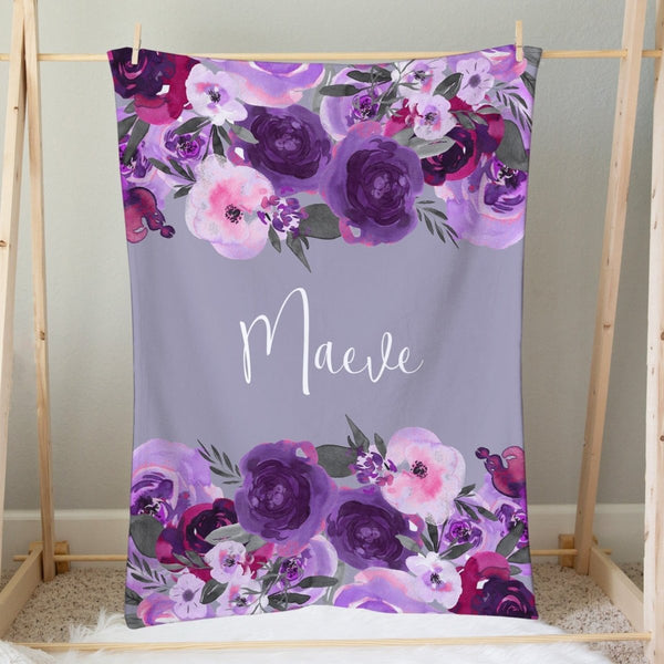 Purple Floral Personalized Minky Blanket