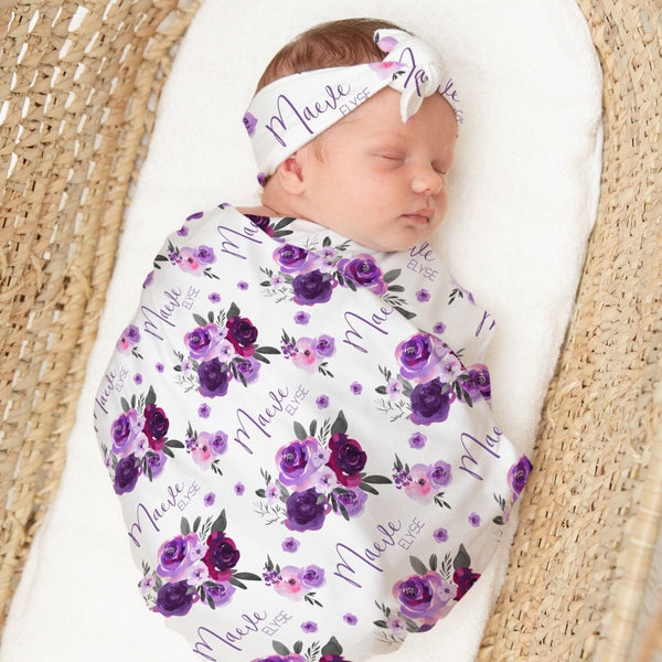 Purple Floral Personalized Swaddle Blanket Set - gender_girl, Purple Floral, text