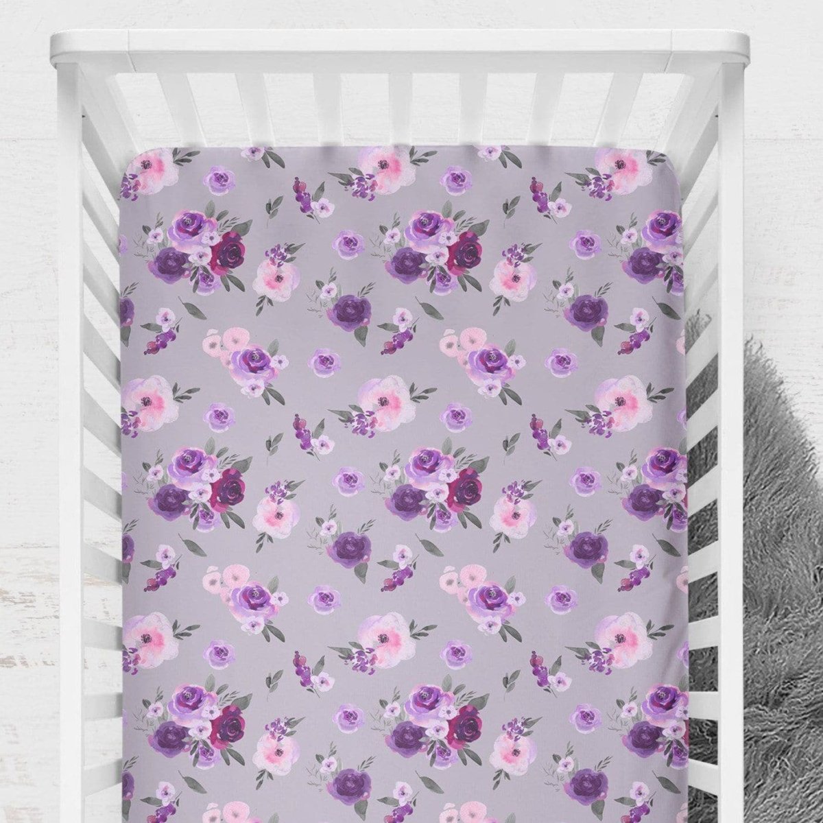 Purple Floral on Gray Crib Sheet - gender_girl, Theme_Floral,