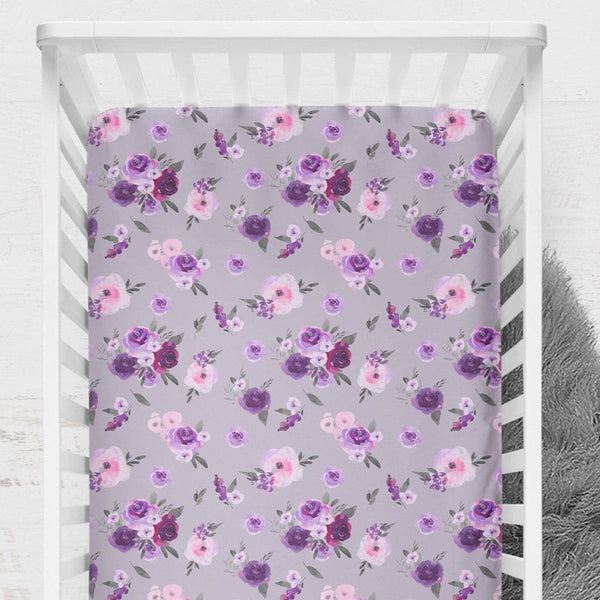 Purple Floral on Gray Crib Sheet