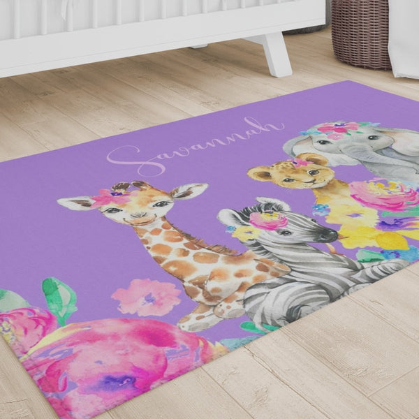 Safari Babe Personalized Floral Nursery Rug - gender_girl, Safari Babe, text