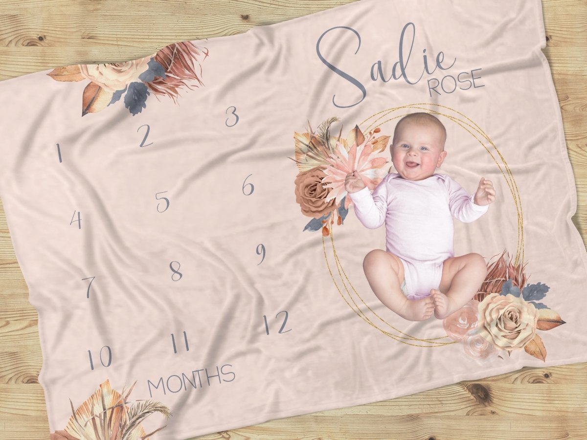 Soft Boho Floral Milestone Minky Blanket - gender_girl, text, Theme_Boho