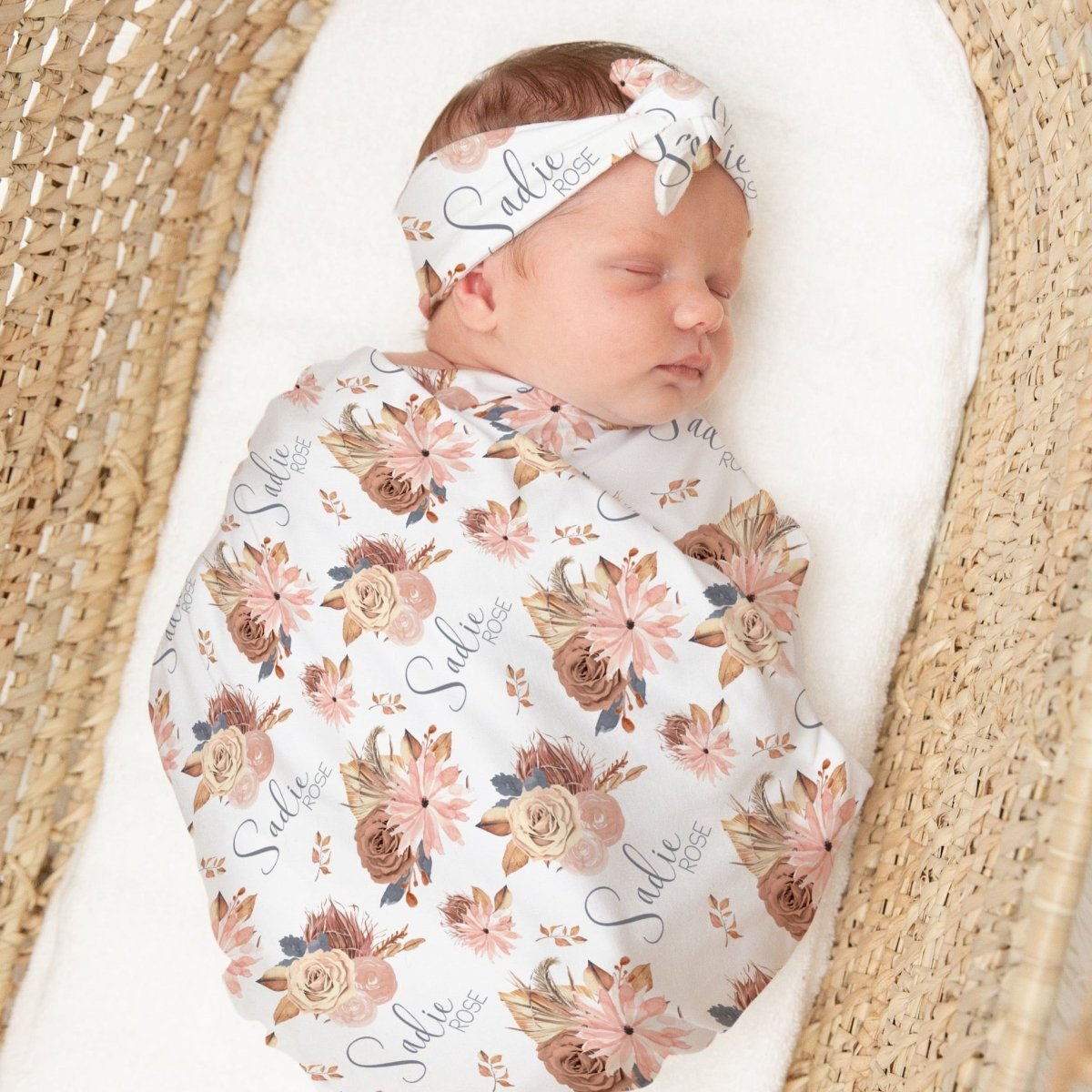 Soft Boho Floral Personalized Swaddle Blanket Set - gender_girl, text, Theme_Boho