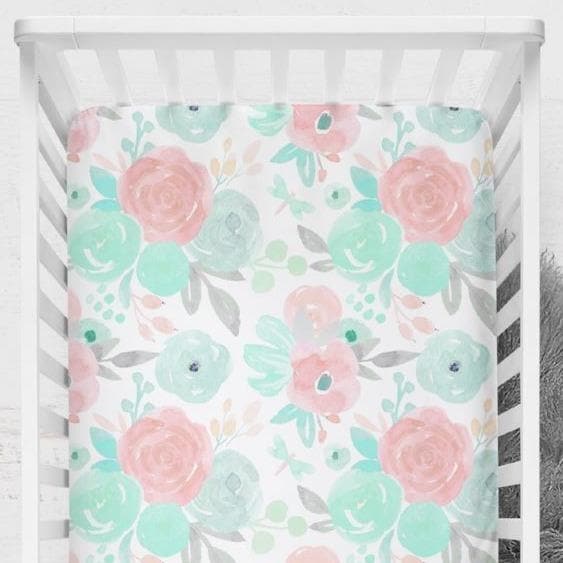 Spring Mint Floral Crib Sheet Crib Bedding Nursery Decor