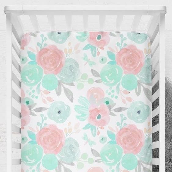 Spring Mint Floral Crib Sheet - gender_girl, Theme_Floral,