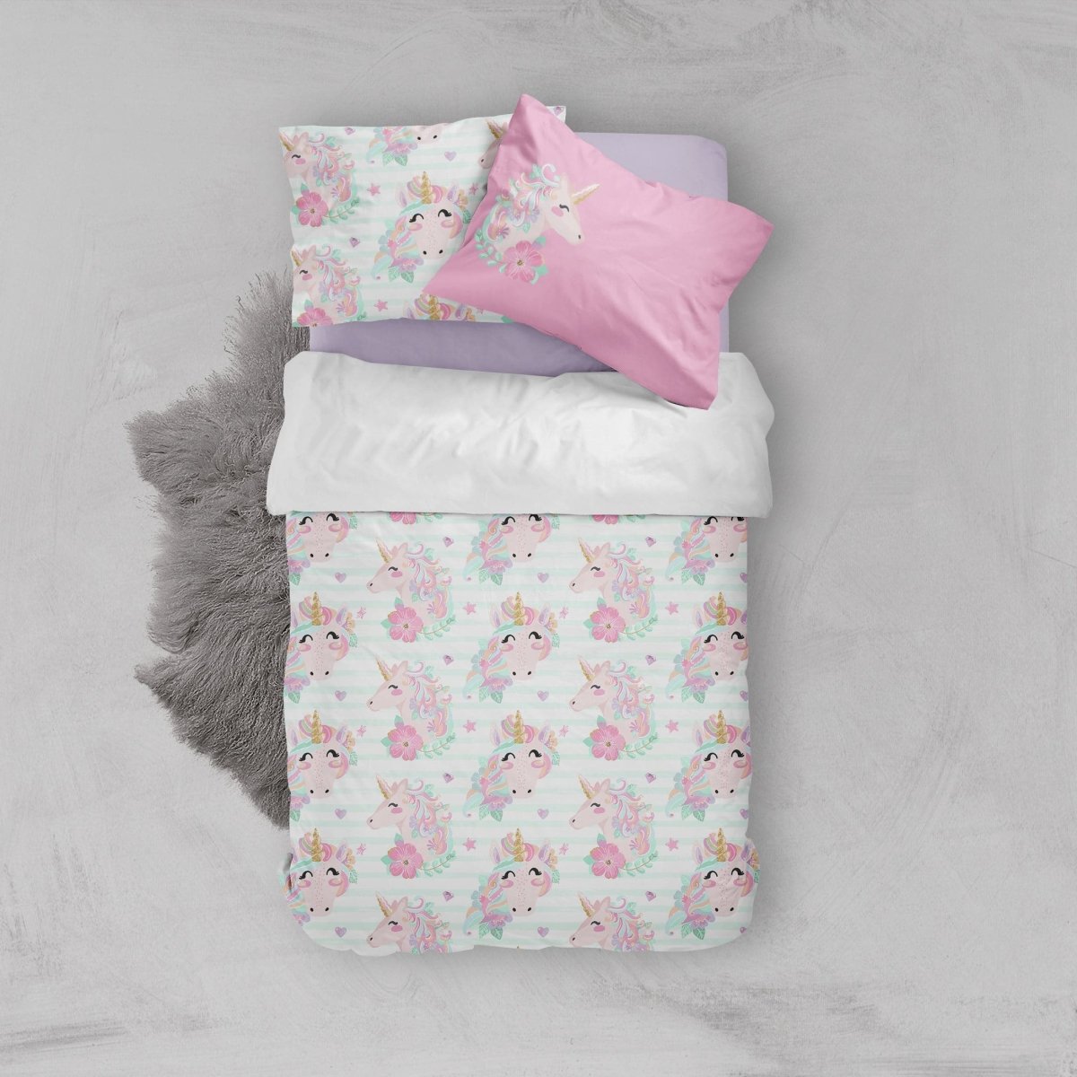 Striped Unicorn Kids Bedding Set (Comforter or Duvet Cover) - text, Unicorn Dreams,