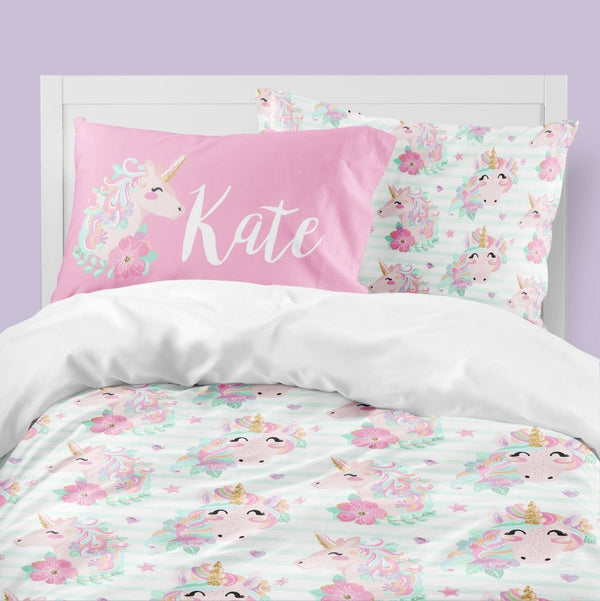 Striped Unicorn Kids Bedding Set (Comforter or Duvet Cover) - text, Unicorn Dreams,