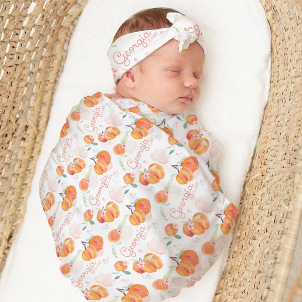 Sweet Georgia Peach Personalized Swaddle Blanket Set - gender_girl, Sweet Georgia Peach, text