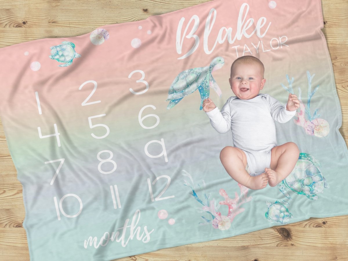 Sweet Sea Turtles Milestone Minky Blanket - gender_boy, gender_girl, gender_neutral