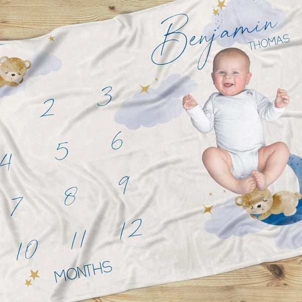 Teddy Bear Milestone Minky Blanket - gender_boy, Teddy Bear, text