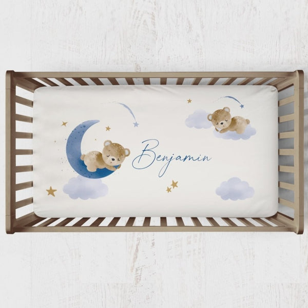 Teddy Bear Personalized Crib Sheet - gender_boy, Personalized_Yes, text