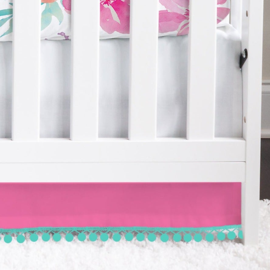 Tropical Flamingo Crib Skirt with Trim & Pom Poms - gender_girl, Theme_Tropical, Tropical Flamingo