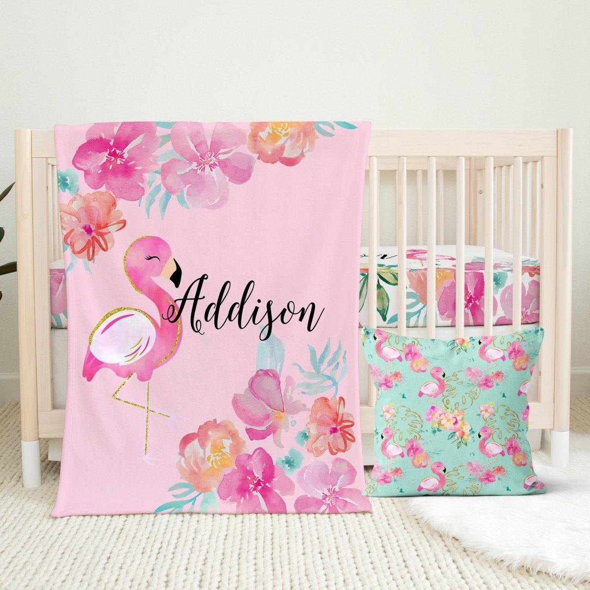 Tropical Flamingo Personalized Crib Sheet - gender_girl, Personalized_Yes, text