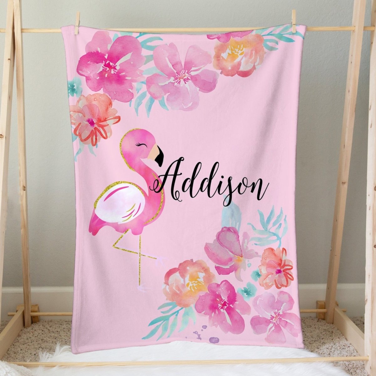 Tropical Flamingo Personalized Minky Blanket - gender_girl, Personalized_Yes, text