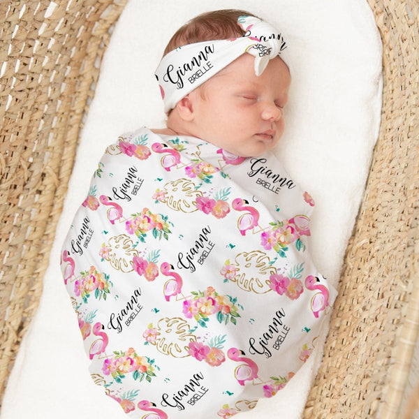 Tropical Flamingo Personalized Swaddle Blanket Set - gender_girl, text, Theme_Tropical
