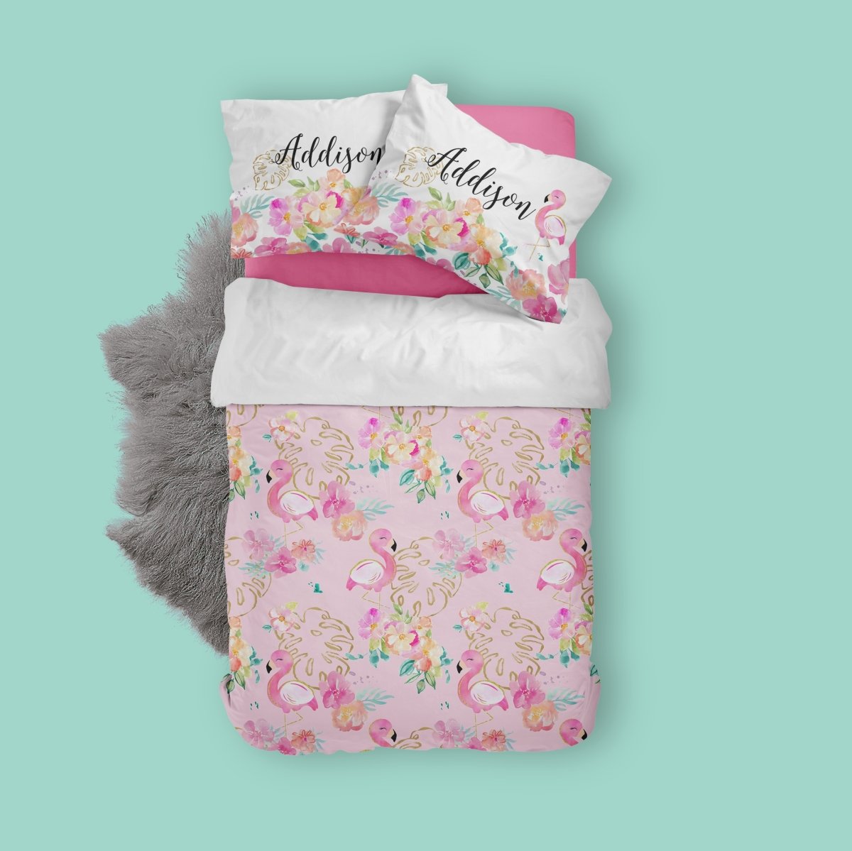 Tropical Flamingo Pink Kids Bedding Set (Comforter or Duvet Cover) - gender_girl, text, Theme_Tropical