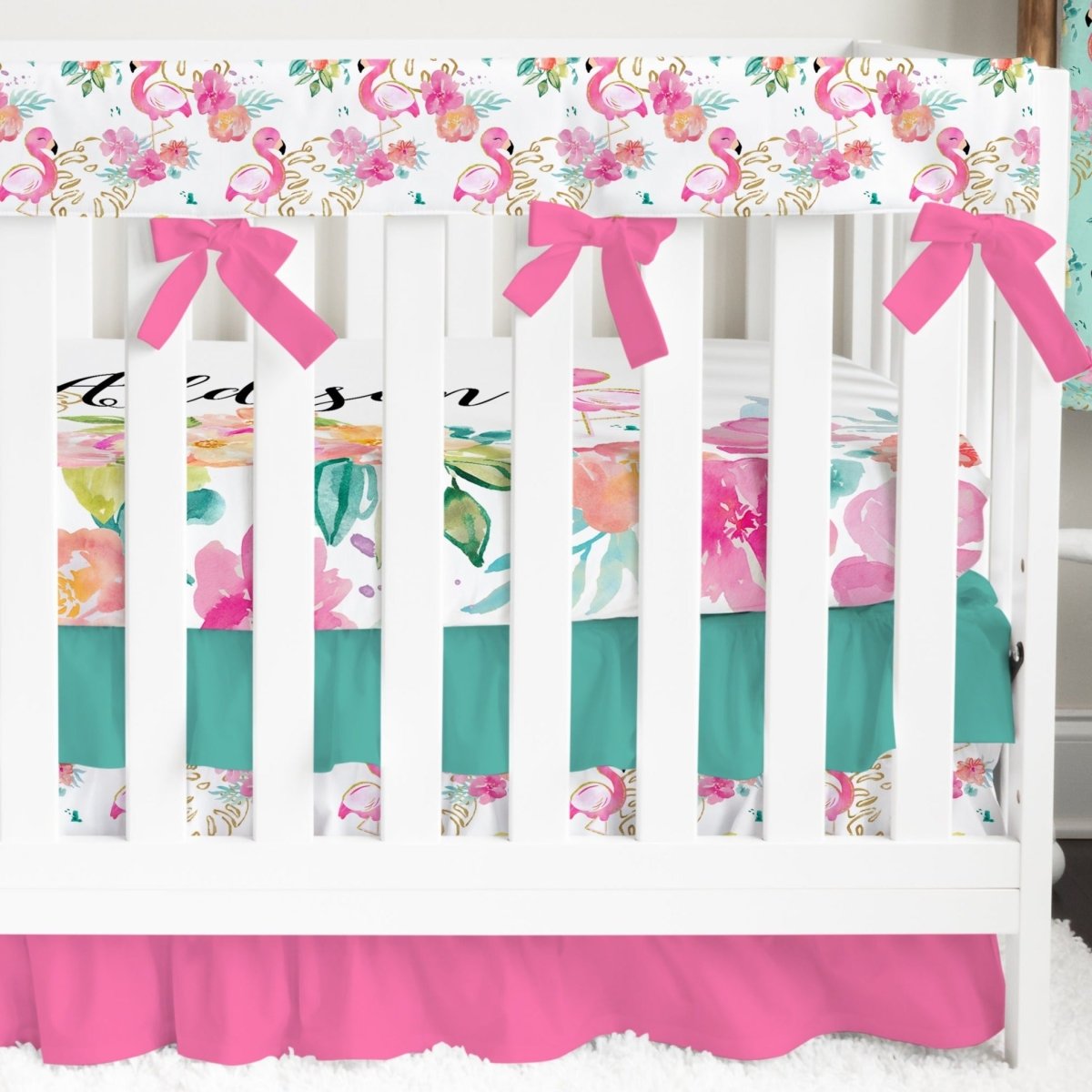Tropical Flamingo Ruffled Crib Bedding - gender_girl, text, Theme_Tropical