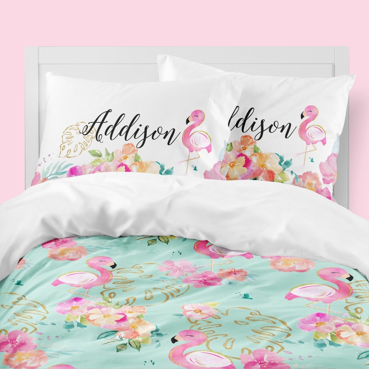 Tropical Flamingo Teal Kids Bedding Set (Comforter or Duvet Cover) - gender_girl, text, Theme_Tropical