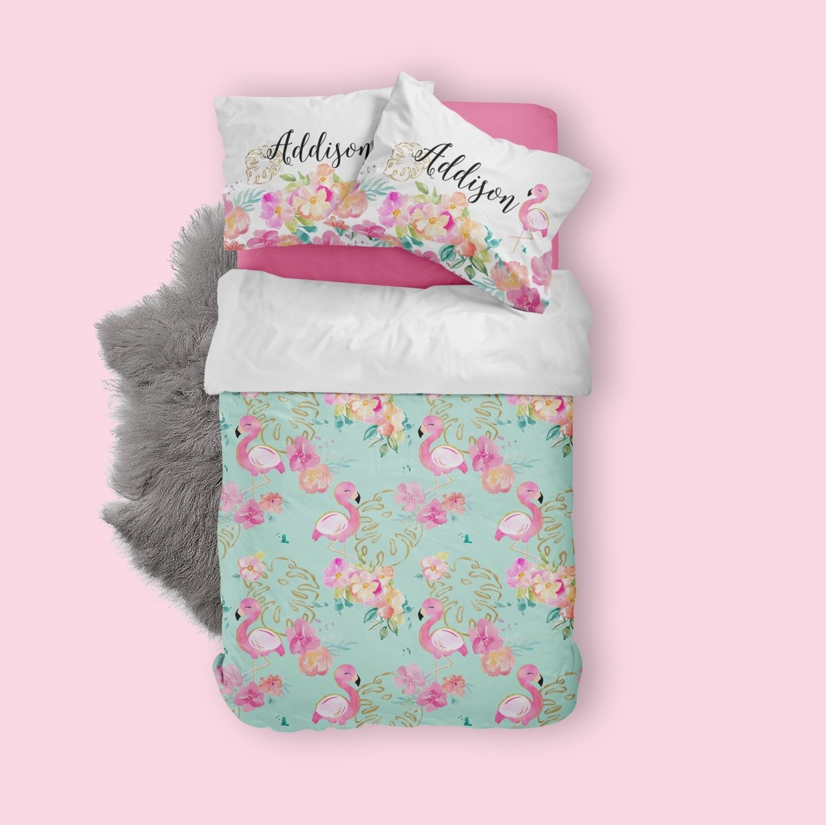 Tropical Flamingo Teal Kids Bedding Set (Comforter or Duvet Cover) - gender_girl, text, Theme_Tropical