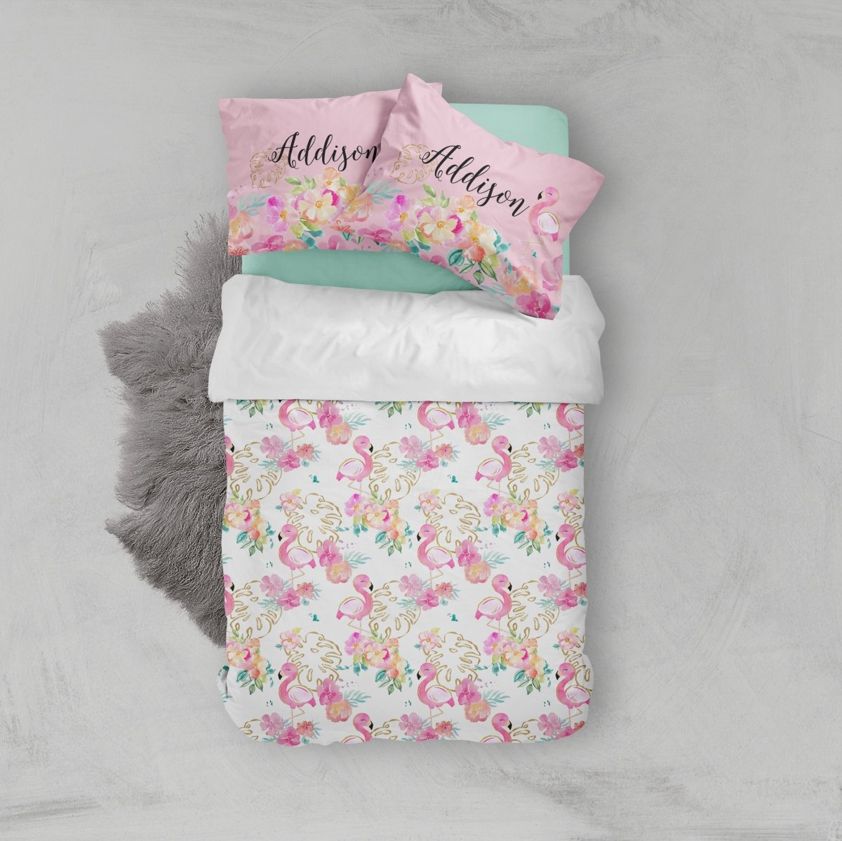 Tropical Flamingo White Kids Bedding Set (Comforter or Duvet Cover) - gender_girl, text, Theme_Tropical