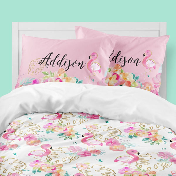 Tropical Flamingo White Kids Bedding Set (Comforter or Duvet Cover) - gender_girl, text, Theme_Tropical