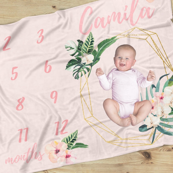 Tropical Floral Milestone Minky Blanket - gender_girl, text, Theme_Floral