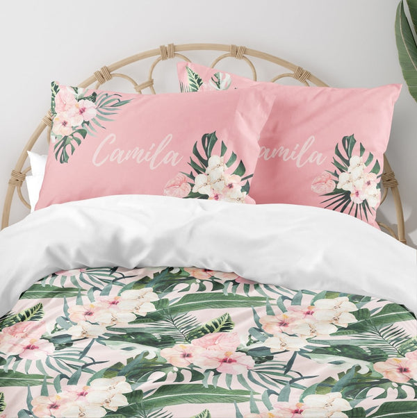 Tropical Floral Personalized Kids Bedding Set (Comforter or Duvet Cover) - gender_girl, text, Theme_Floral