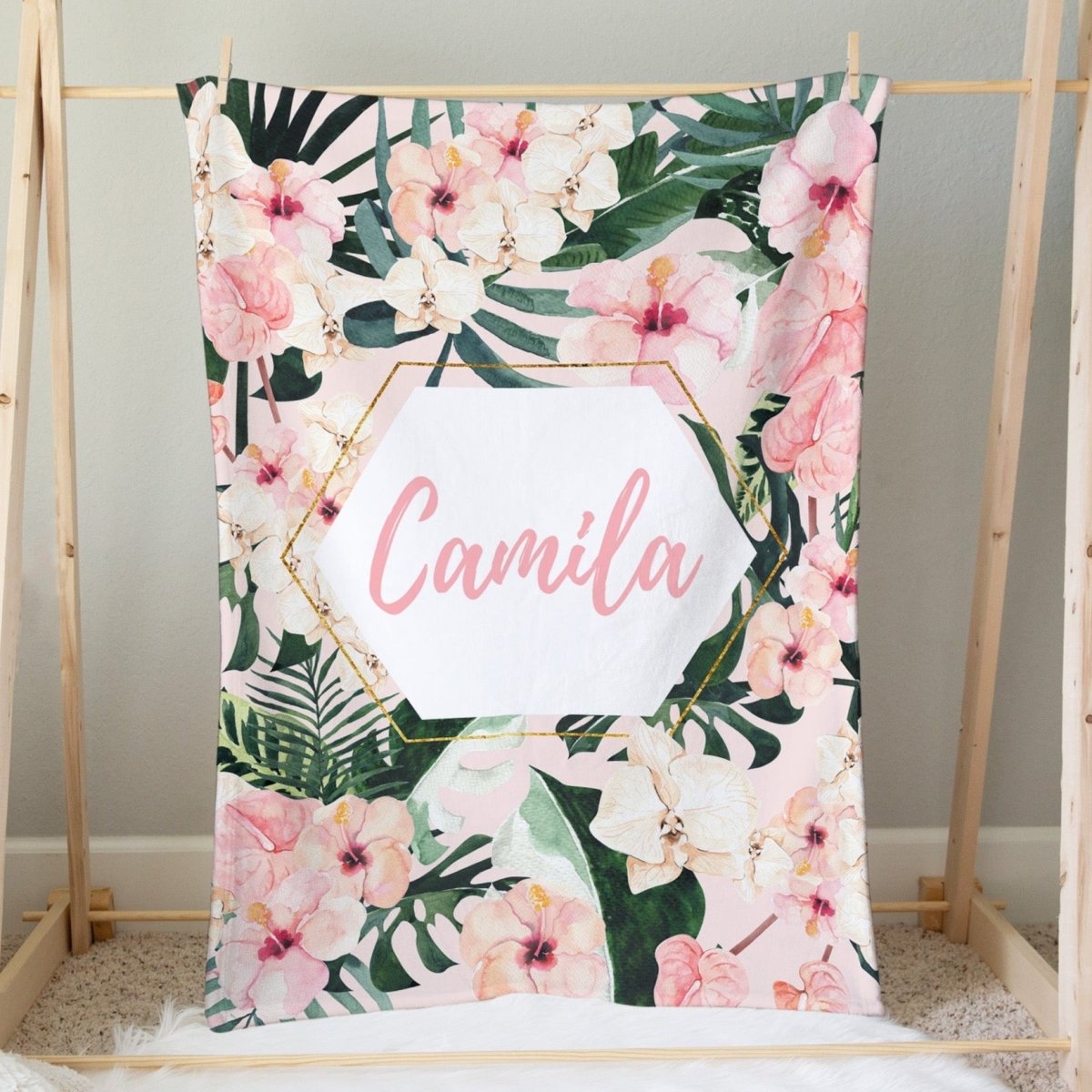Tropical Floral Personalized Minky Blanket - gender_girl, Personalized_Yes, text