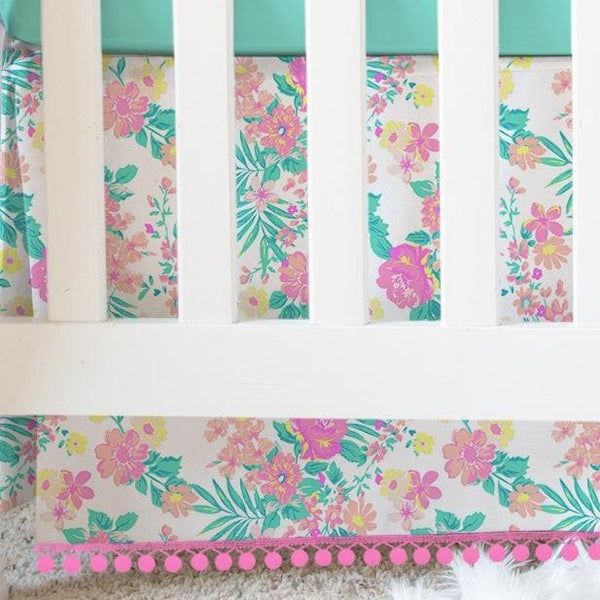 Tropical Paradise Floral Pom Crib Skirt - gender_girl, Theme_Floral, Theme_Tropical