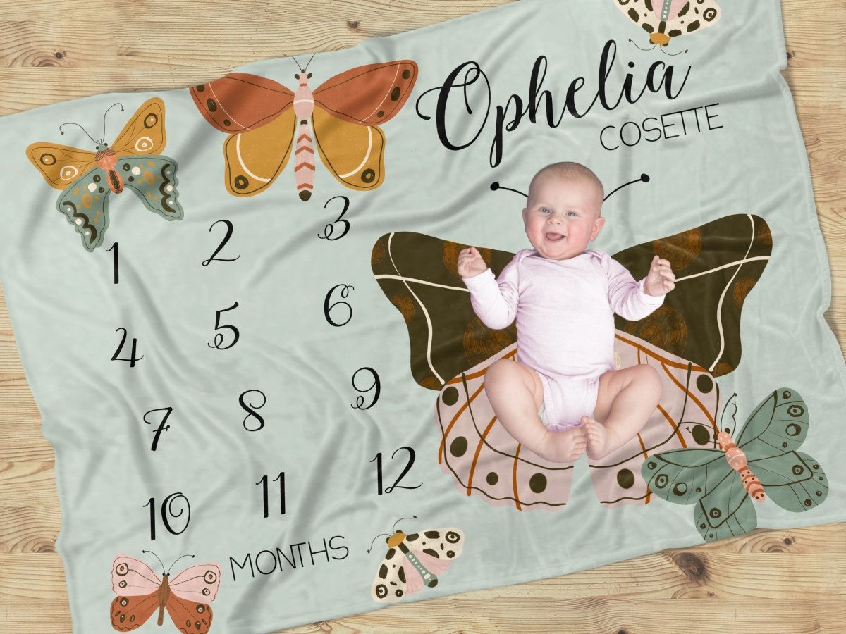 Vintage Butterfly Milestone Minky Blanket - gender_girl, text, Theme_Butterfly