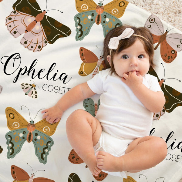 Vintage Butterfly Personalized Baby Blanket - gender_girl, Personalized_Yes, text