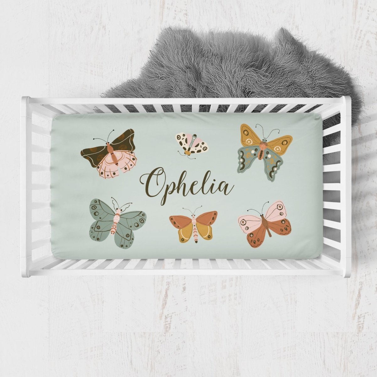 Vintage Butterfly Personalized Crib Sheet - gender_girl, Personalized_Yes, text