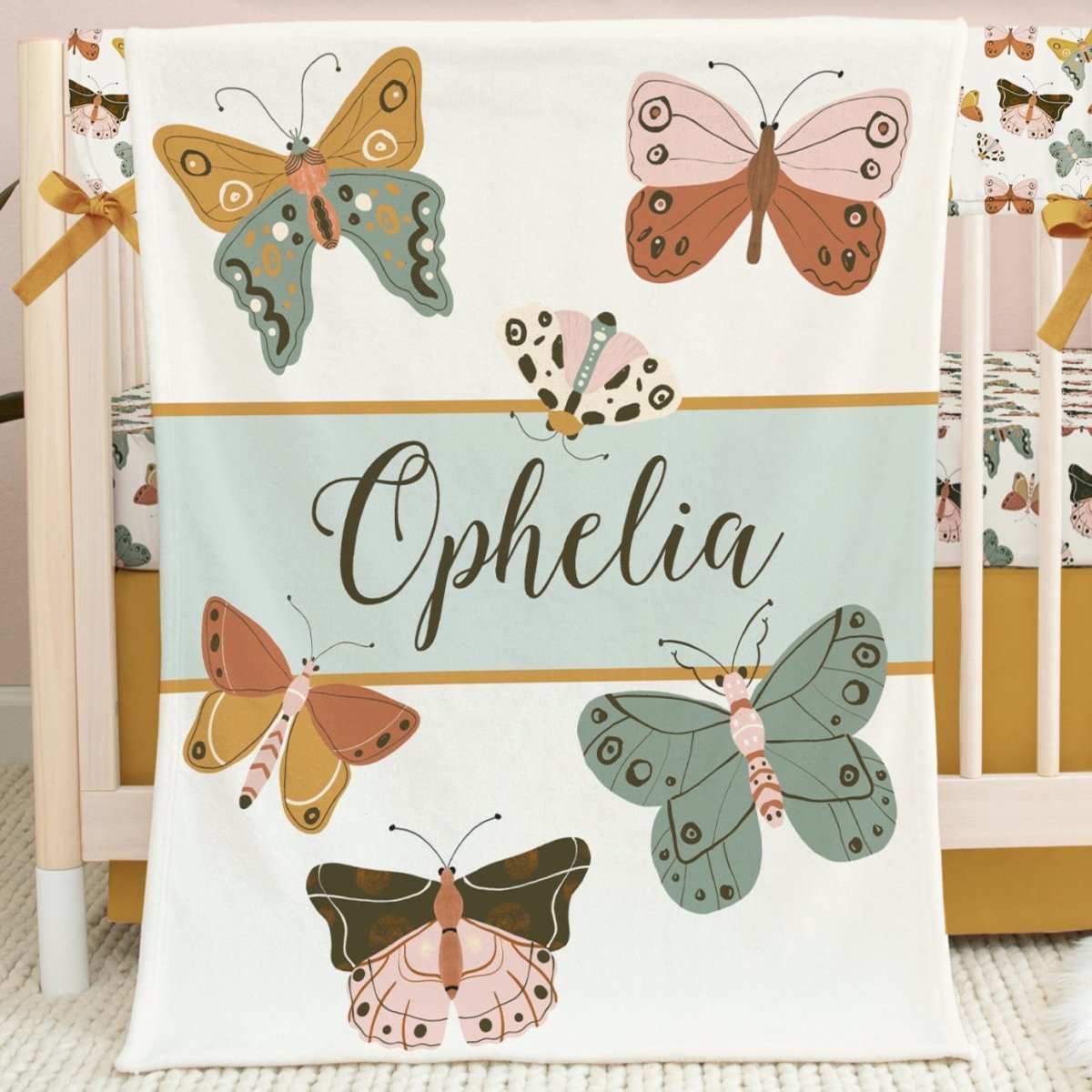 Vintage Butterfly Personalized Minky Blanket - gender_girl, Personalized_Yes, text
