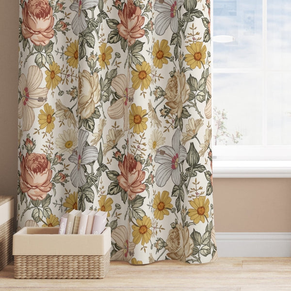 Vintage Earthy Floral Curtain Panel - Flamingo Floral, gender_girl, Theme_Floral