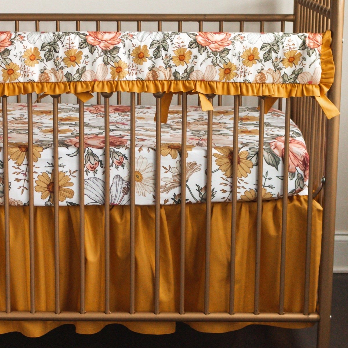 Vintage Earthy Floral Golden Ruffled Crib Bedding - Crib Bedding Sets