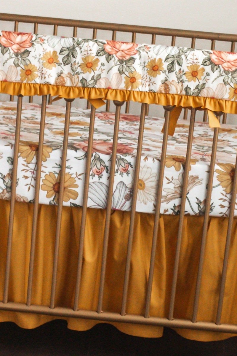 Vintage Earthy Floral Golden Ruffled Crib Rail Guards - gender_girl, Theme_Floral, Vintage Earthy Floral